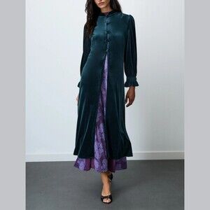 Dark Teal Velvet Stand Collar Button Front Long Sleeve Midi Duster Coat